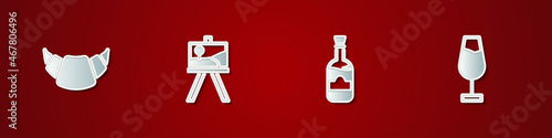 Set Croissant, Easel or painting art boards, Bottles of wine and Wine glass icon. Vector