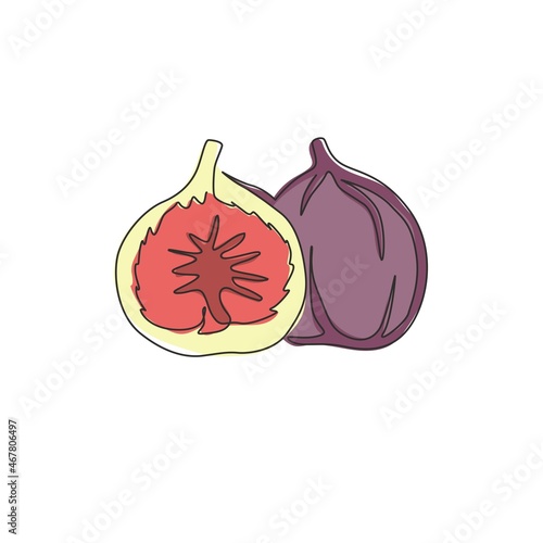 One single line drawing of whole and sliced healthy organic fig for orchard logo identity. Fresh tropical fruitage concept for fruit garden icon. Modern continuous line draw design vector illustration