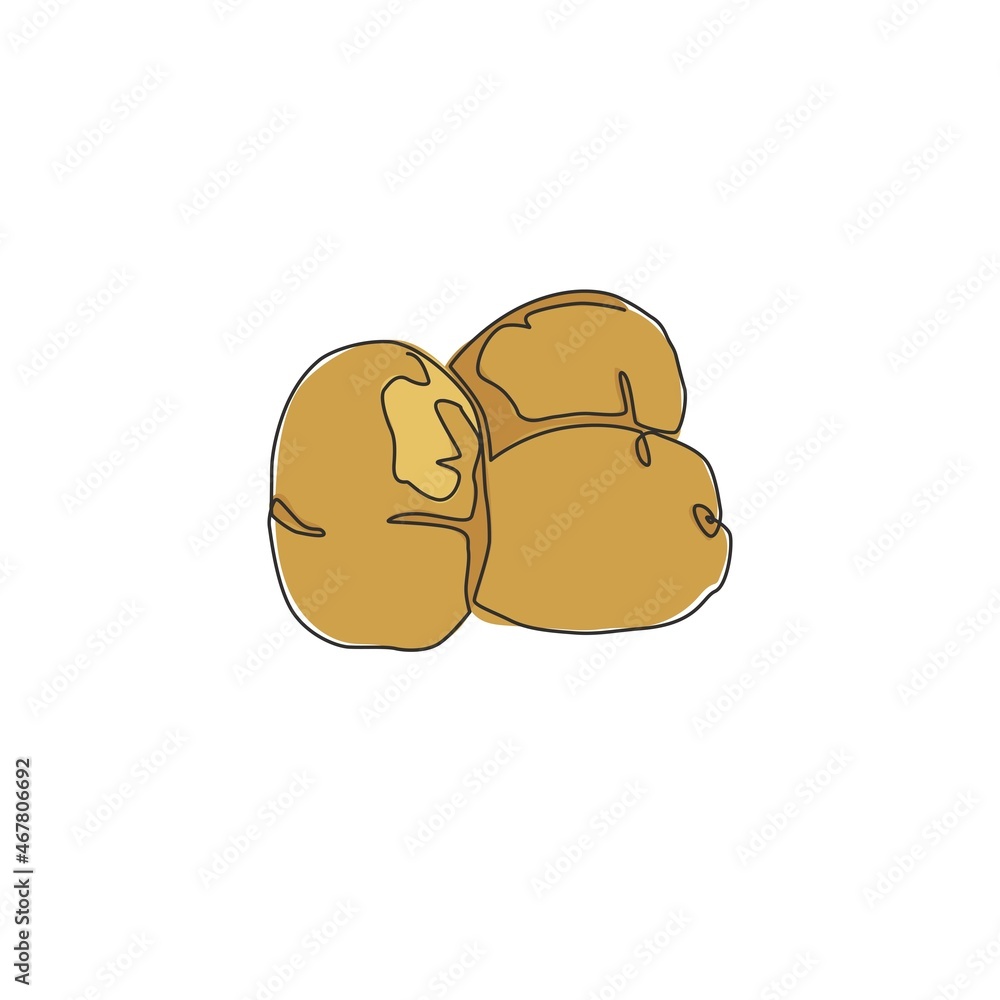 One continuous line drawing whole healthy organic potatoes for farm logo identity. Fresh spud root vegetable concept for edible plant icon. Modern single line draw design graphic vector illustration One continuous line drawing whole healthy organic potatoes for farm logo identity. Fresh spud root vegetable concept for edible plant icon. Modern single line draw design graphic vector illustration