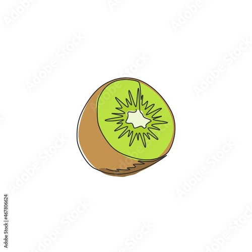 One single line drawing half sliced healthy organic kiwi for orchard logo identity. Fresh exotic fruitage concept for fruit garden icon. Modern continuous line draw design vector graphic illustration