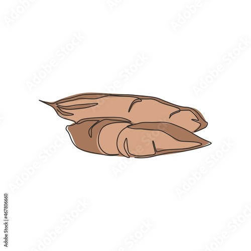 One continuous line drawing whole healthy organic cassava for farm logo identity. Edible starchy tuberous root concept tropical crop icon. Modern single line draw design graphic vector illustration