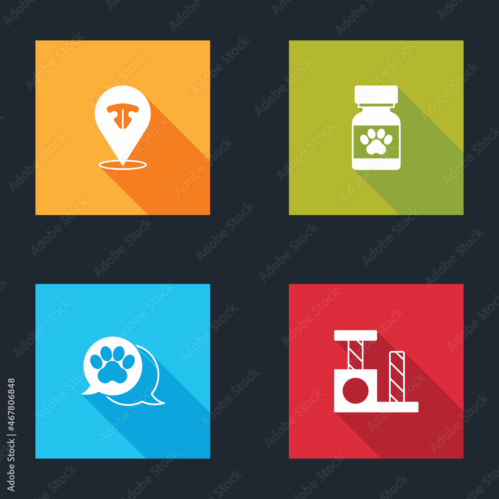 Set Cat nose, Medicine bottle and pills, Paw print and scratching post icon. Vector Set Cat nose, Medicine bottle and pills, Paw print and scratching post icon. Vector