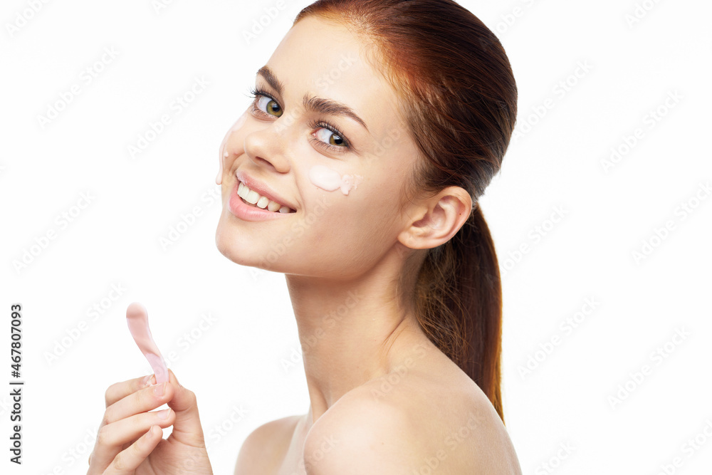 cheerful woman bare shoulders clean skin facials cheerful woman bare shoulders clean skin facials
