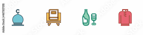 Set Muslim Mosque, Holy book of Koran, Wine bottle with glass and Shirt kurta icon. Vector