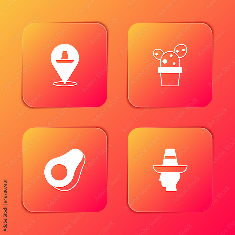 Set Mexican sombrero, Cactus or succulent in pot, Avocado fruit and man icon. Vector Set Mexican sombrero, Cactus or succulent in pot, Avocado fruit and man icon. Vector