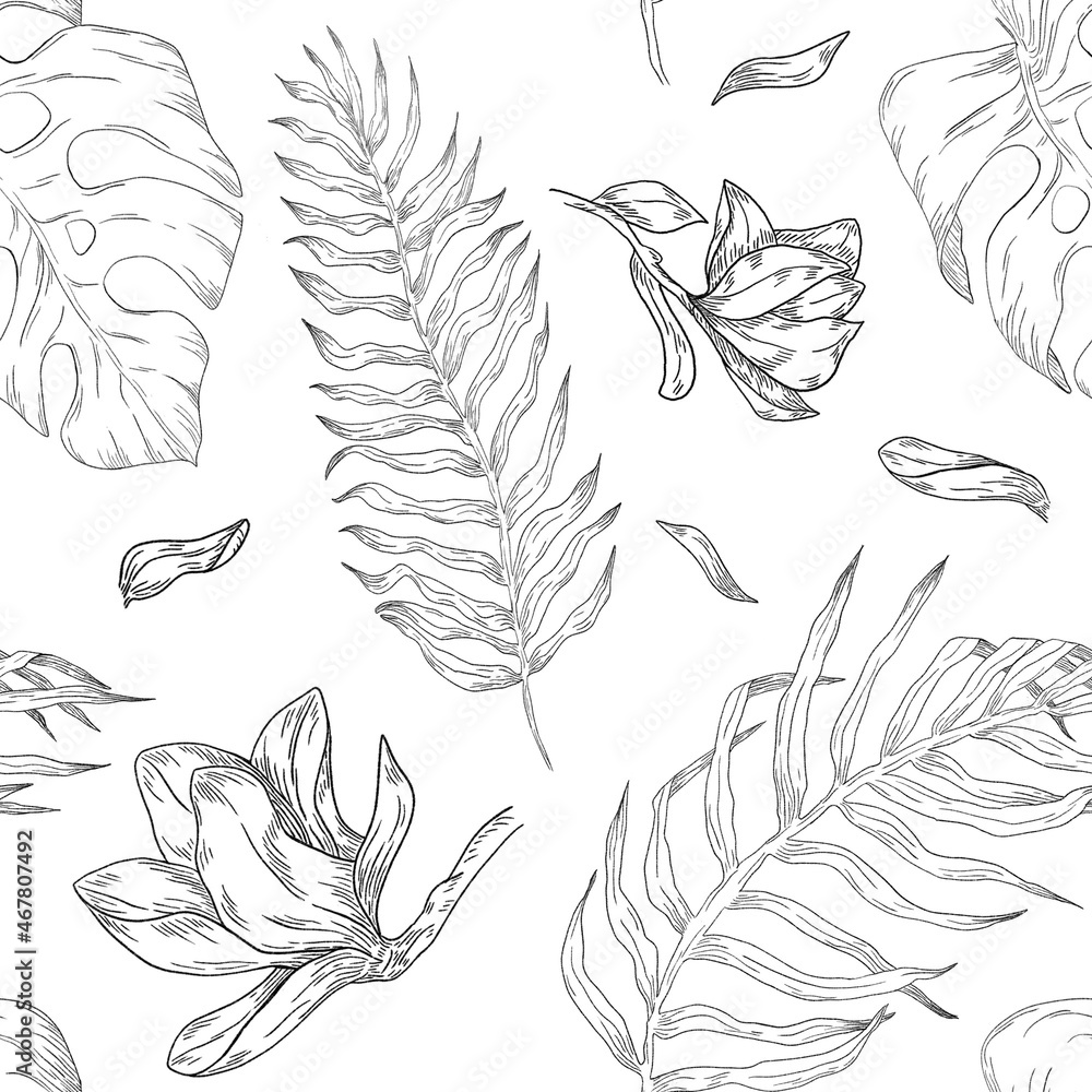 Seamless floral pattern with hand drawn flowers magnolia petals leaves fern leaf illustration Seamless floral pattern with hand drawn flowers magnolia petals leaves fern leaf illustration