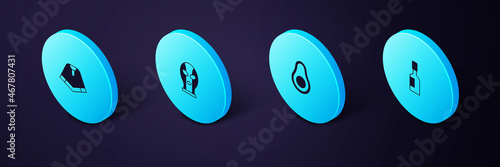 Set Isometric Tabasco sauce, Avocado fruit, Mexican wrestler and Poncho icon. Vector