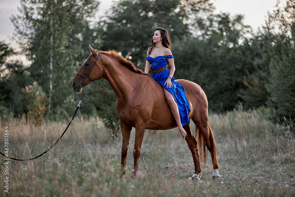 Beautiful long-haired girl in a blue dress riding a red horse Beautiful long-haired girl in a blue dress riding a red horse