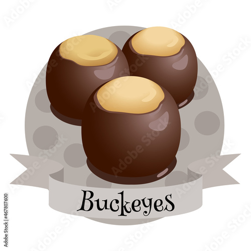 Buckeyes traditional American dessert. Colorful illustration. Peanut butter and chocolate candies.