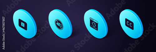 Set Isometric Subtitles, Online play video, Prohibition no recording and Stop media button icon. Vector