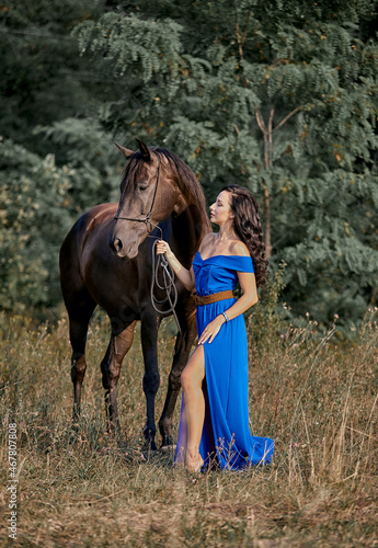 Beautiful long-haired girl in a blue dress with a brown horse