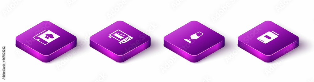 Set Isometric Cookbook, Microwave oven, Wine glass and Jam jar icon. Vector Set Isometric Cookbook, Microwave oven, Wine glass and Jam jar icon. Vector