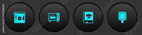 Set Cooking live streaming, Microwave oven, Cookbook and Cutting board icon. Vector