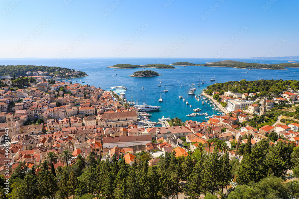 Aerial view of the boat filled harbor of Hvar Croatia