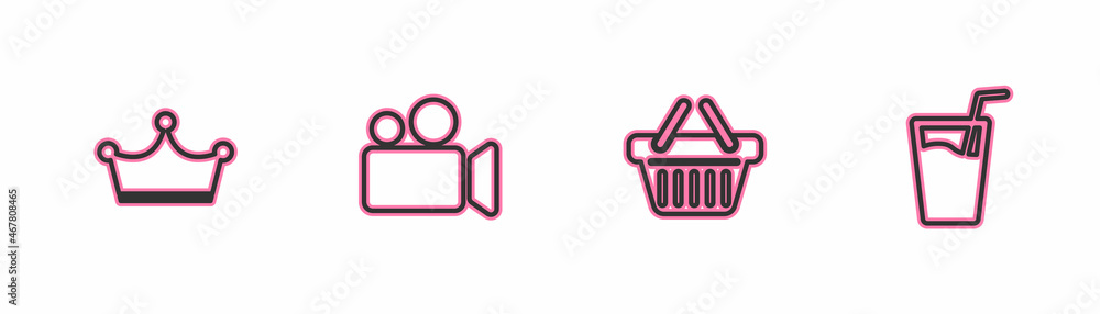 Set line Crown, Shopping basket, Movie or Video camera and Glass with water icon. Vector Set line Crown, Shopping basket, Movie or Video camera and Glass with water icon. Vector