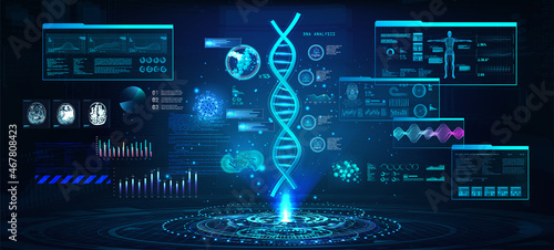 DNA formula research and full analysis with the obtained data in a futuristic laboratory with a HUD interface and a hologram. Hi-tech healthcare diagnostic. HUD, UI, GUI interface and DNA scan. Vector