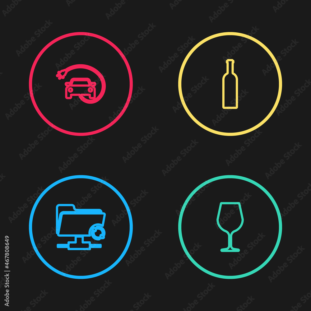 Set line FTP sync refresh, Wine glass, Bottle of wine and Electric car icon. Vector Set line FTP sync refresh, Wine glass, Bottle of wine and Electric car icon. Vector