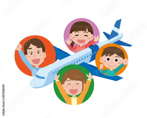 飛行機で旅行する家族