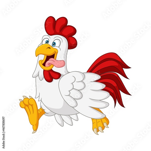 Cartoon happy chicken walking on white background