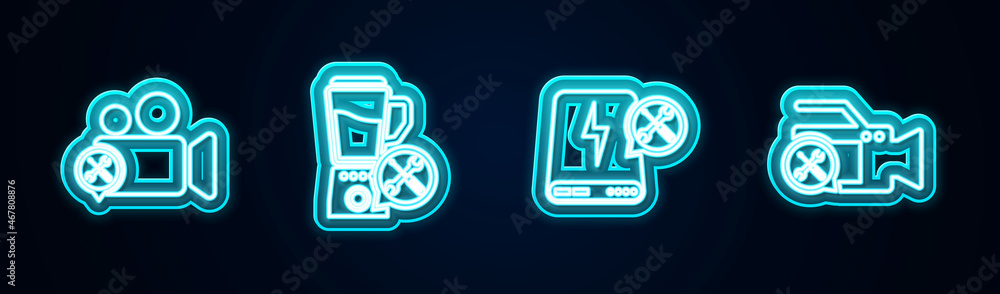 Set line Video camera service, Blender, Power bank and . Glowing neon icon. Vector Set line Video camera service, Blender, Power bank and . Glowing neon icon. Vector