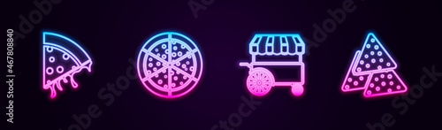 Set line Slice of pizza  Pizza  Fast street food cart and Nachos. Glowing neon icon. Vector