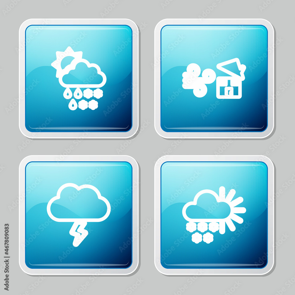 Set line Cloud with snow, rain, sun, Tornado swirl, Storm and Cloudy icon. Vector