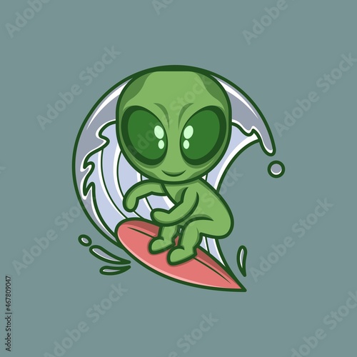cute cartoon alien character surfing the waves. vector illustration for mascot logo or sticker