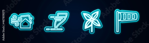 Set line Tornado swirl, , Pinwheel and Cone meteorology windsock wind vane. Glowing neon icon. Vector