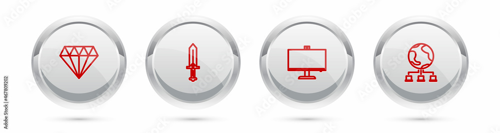 Set line Diamond, Sword for game, Computer monitor and network. Silver circle button. Vector Set line Diamond, Sword for game, Computer monitor and network. Silver circle button. Vector