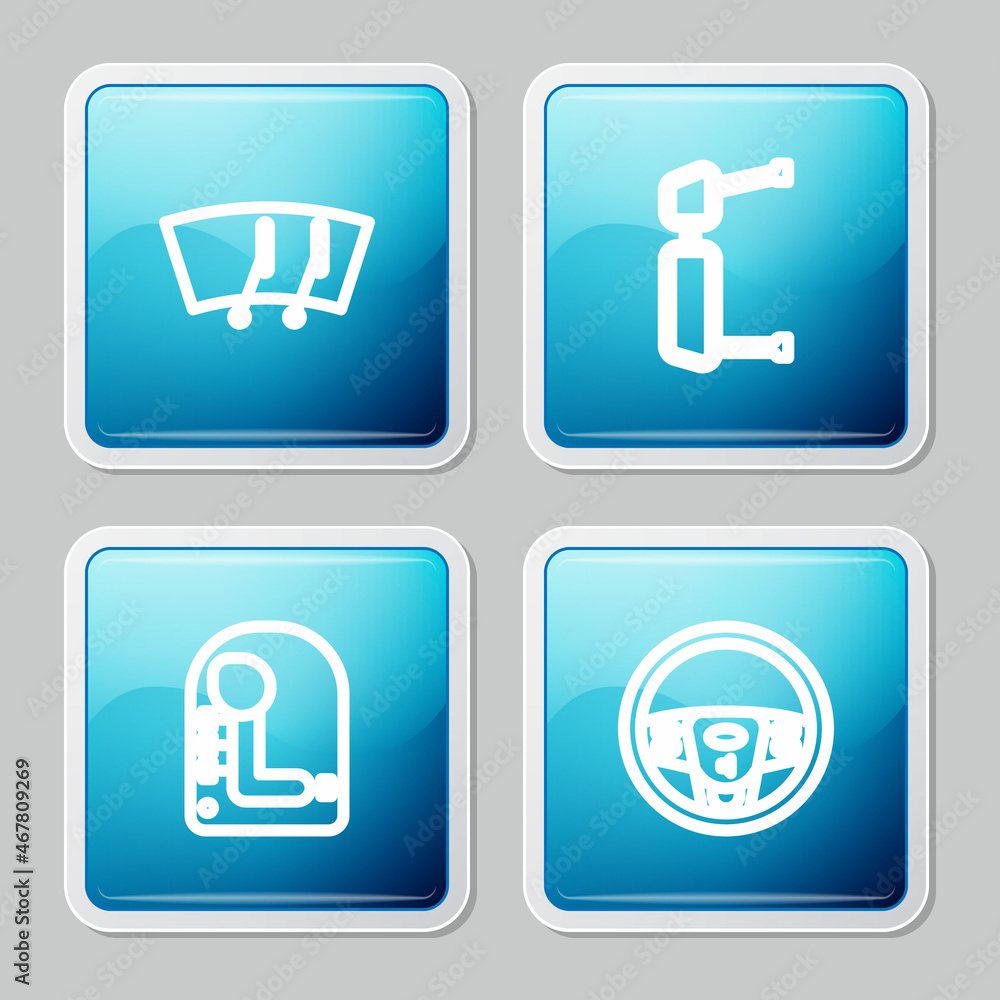 Set line Windscreen wiper, Truck side mirror, Gear shifter and Steering wheel icon. Vector Set line Windscreen wiper, Truck side mirror, Gear shifter and Steering wheel icon. Vector