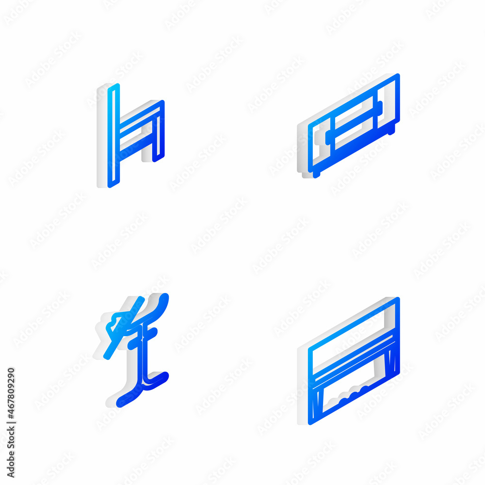 Set Isometric line TV table stand, Chair, Coat and Grand piano icon. Vector Set Isometric line TV table stand, Chair, Coat and Grand piano icon. Vector
