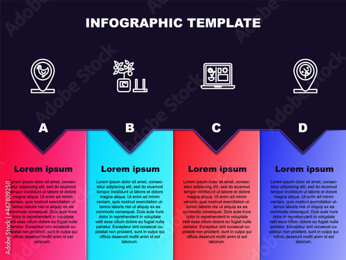 Set line Chicken farm and location, Smart farming technology, and Location tree. Business infographic template. Vector