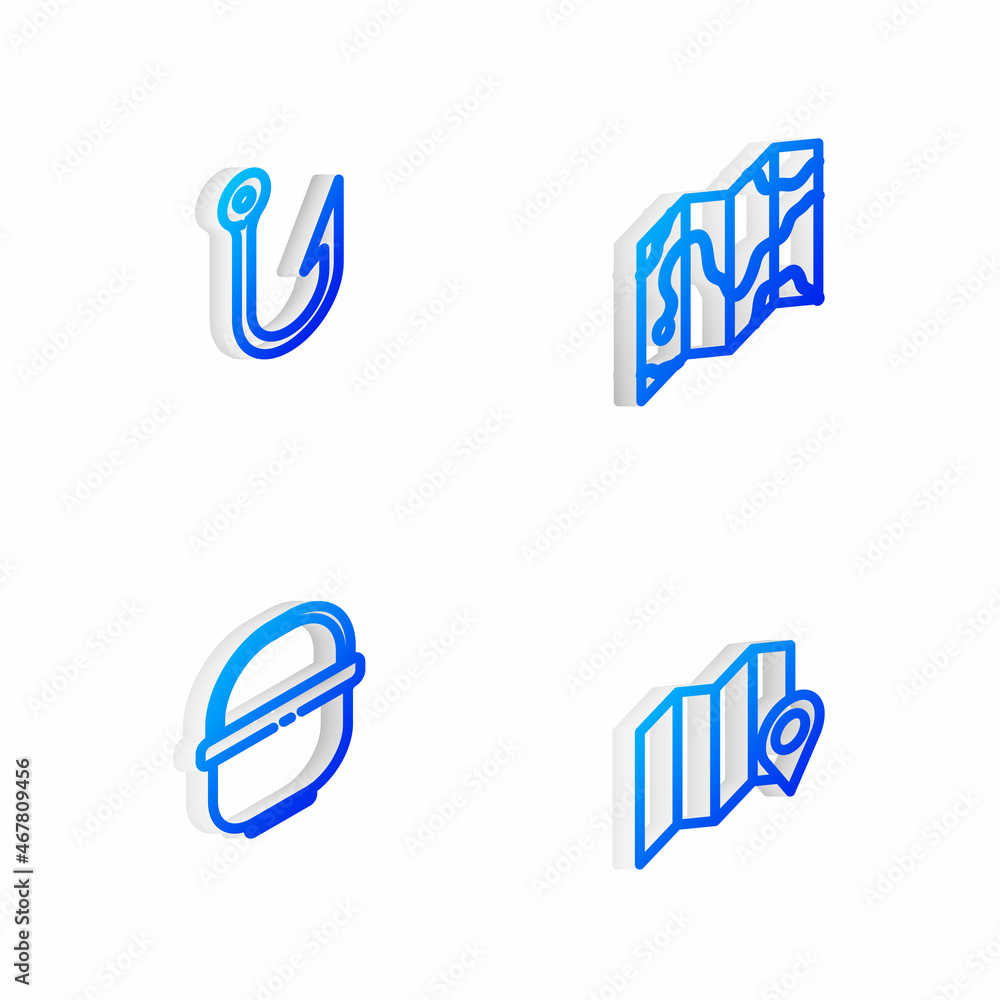 Set Isometric line Location of the forest on map, Fishing hook, Camping pot and icon. Vector Set Isometric line Location of the forest on map, Fishing hook, Camping pot and icon. Vector