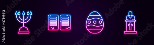 Set line Hanukkah menorah, The commandments, Easter egg and Church pastor preaching. Glowing neon icon. Vector