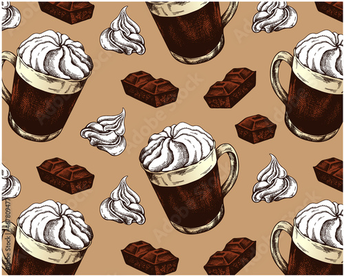 Sketch hand drawn pattern of hot cocoa with whipped cream isolated on brown background. Outline drawing hot chocolate wallpaper. Christmas cacao drink, winter cocktail, food menu. Vector illustration.