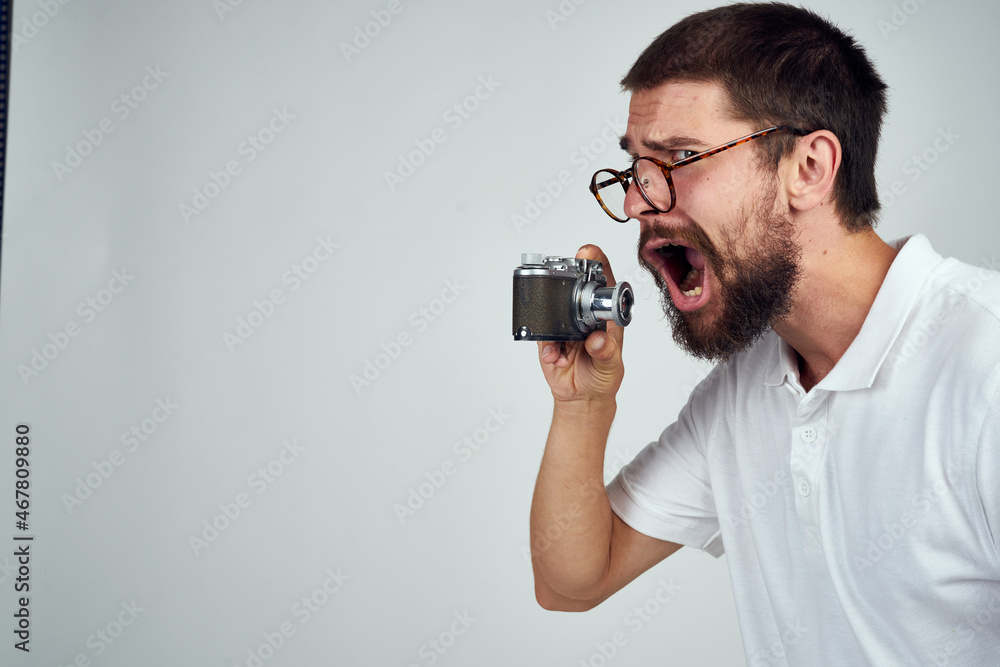 bearded man photographer professional camera lifestyle light background bearded man photographer professional camera lifestyle light background