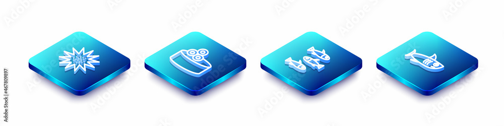 Set Isometric line Sea urchin, Tin can with caviar, Fishes and Shark icon. Vector Set Isometric line Sea urchin, Tin can with caviar, Fishes and Shark icon. Vector