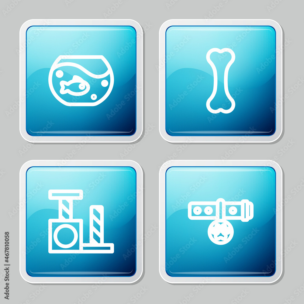 Set line Aquarium with fish, Dog bone, Cat scratching post and Collar name tag icon. Vector