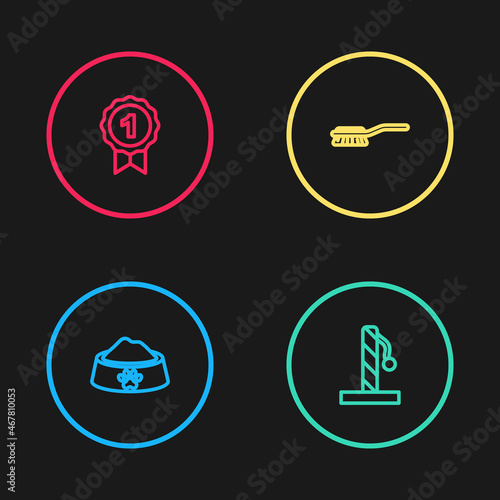 Set line Pet food bowl, Cat scratching post, Hair brush for dog and cat and Dog award symbol icon. Vector