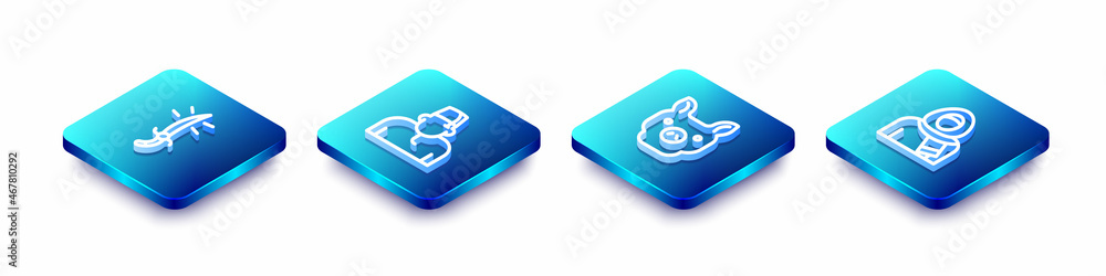 Set Isometric line Arabian saber, Muslim man, Pig and woman in hijab icon. Vector Set Isometric line Arabian saber, Muslim man, Pig and woman in hijab icon. Vector