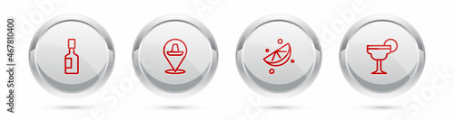 Set line Tabasco sauce, Mexican sombrero, Sliced lime and Margarita cocktail. Silver circle button. Vector