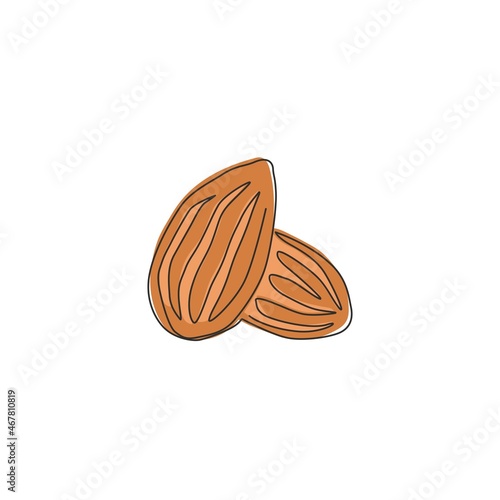 Single continuous line drawing of whole healthy organic almonds group for orchard logo identity. Fresh edible seed concept for fruit icon. Modern one line draw design vector graphic illustration