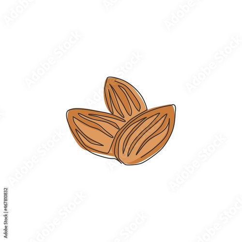 One continuous line drawing of whole healthy organic almonds group for garden logo identity. Fresh edible seed concept for fruit icon. Modern single line draw design graphic vector illustration