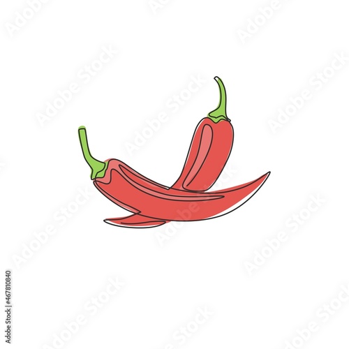 Single continuous line drawing of whole healthy organic hot chili for farm logo identity. Fresh chilli pepper concept for vegetable icon. Modern one line draw design graphic vector illustration