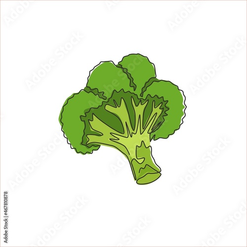 One single line drawing whole healthy organic green broccoli for farm logo identity. Fresh edible green plant concept for vegetable icon. Modern continuous line draw design vector graphic illustration