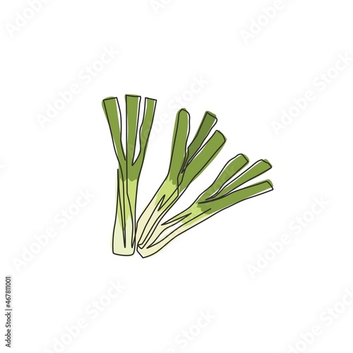 Single continuous line drawing of whole bunch healthy organic leek for farm logo identity. Fresh food seasoning concept for vegetable icon. Modern one line draw design vector graphic illustration