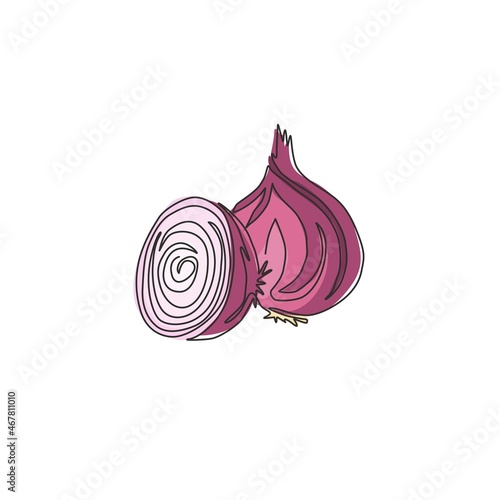 One continuous line drawing of whole sliced healthy organic onion for herbal logo identity. Fresh cultivated seasoning concept for vegetable icon. Modern single line draw design vector illustration