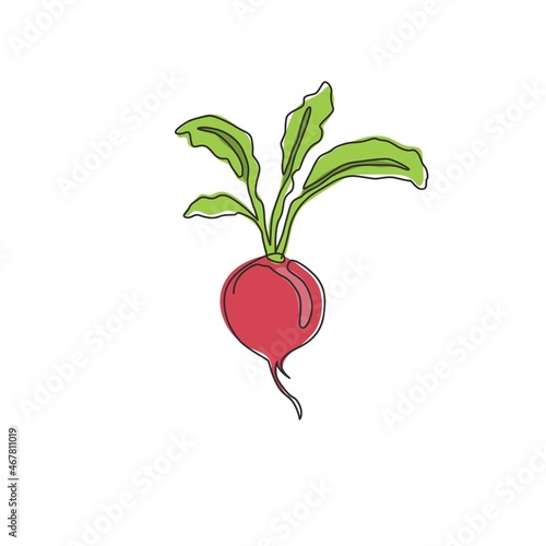 One single line drawing of whole healthy organic red radish for farm logo identity. Fresh crop concept for edible root vegetable icon. Modern continuous line draw design vector graphic illustration