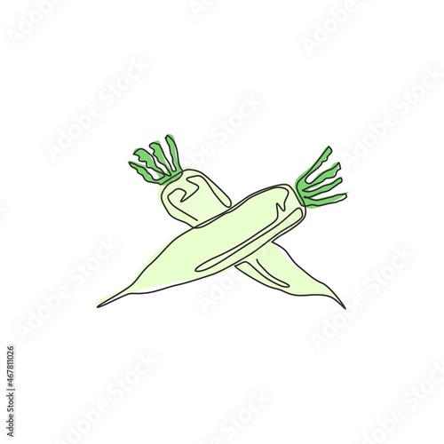 Single continuous line drawing of whole healthy organic white radish for farm logo identity. Fresh Japanese daikon concept for vegetable icon. Modern one line draw design graphic vector illustration