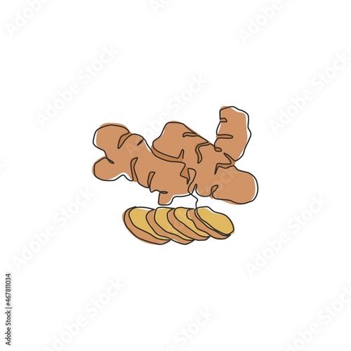 One continuous line drawing healthy organic ginger for farm logo identity. Fresh flowering plant rhizome concept herbaceous perennial icon. Modern single line draw design vector graphic illustration
